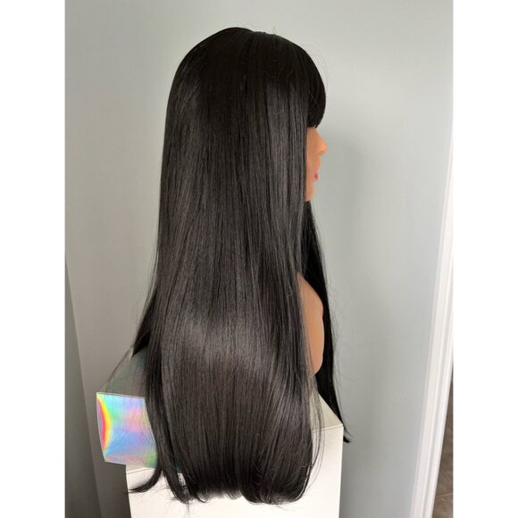 Long Black 24 inch Silky Straight Synthetic Wig with Bangs - Picture 5 of 5